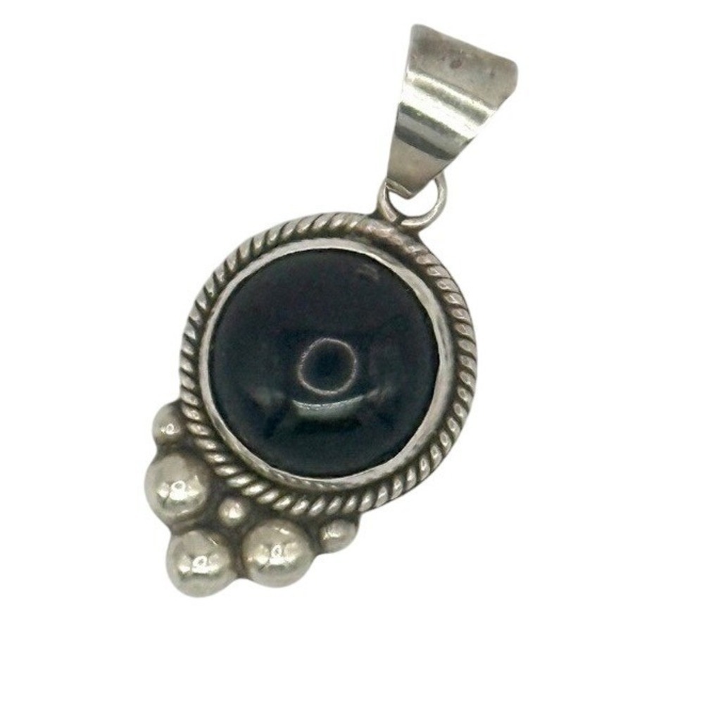 Vintage Mexican Sterling Silver Black Onyx Pendant 925‎ Taxco Style Rope Bead
